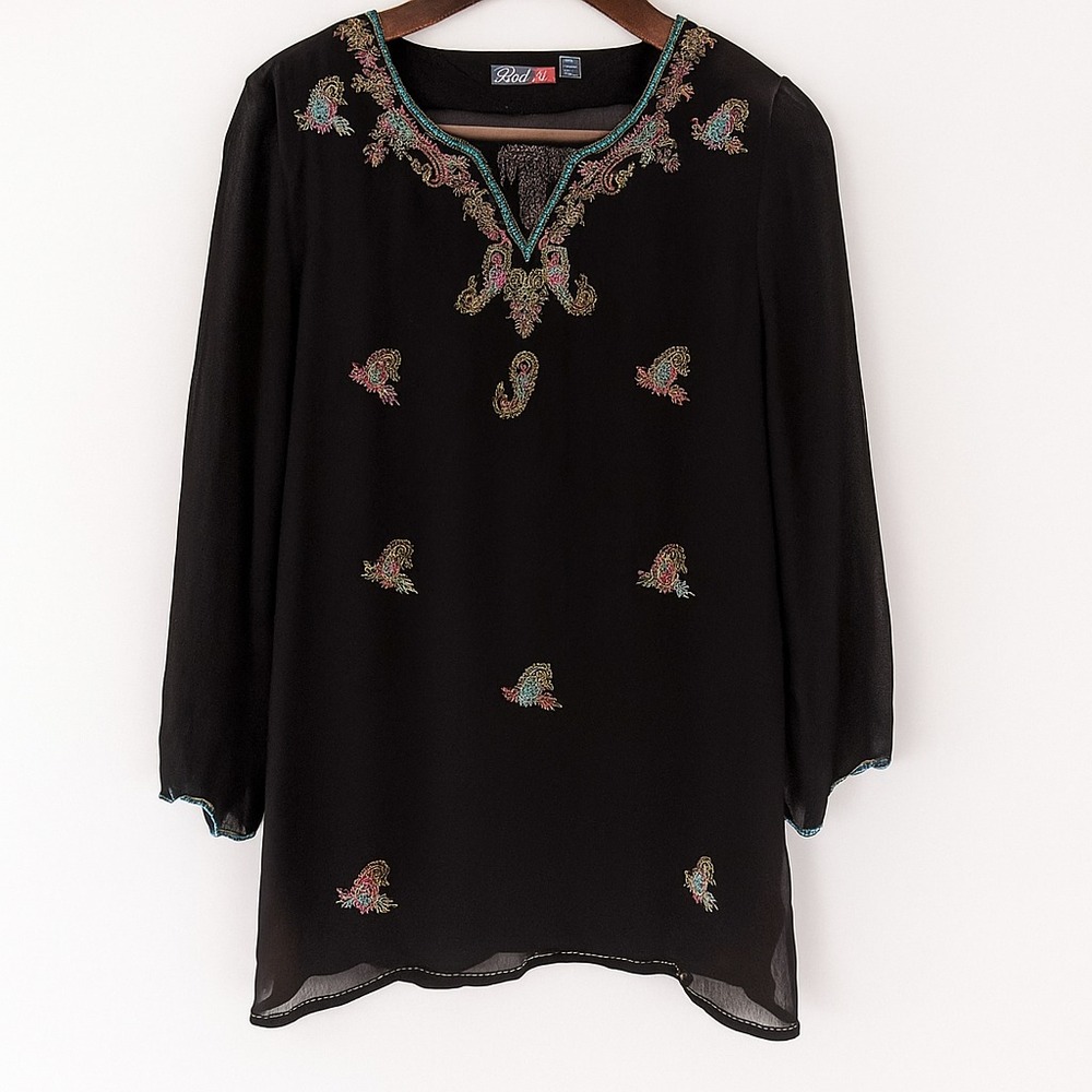 Phool Blouse Womens Medium Black Sheer Colorful‎ Embroidery Boho Fairy Ethereal